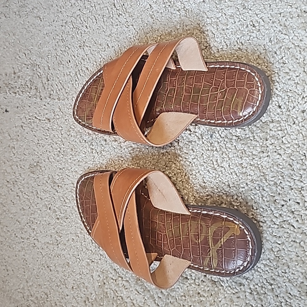 Sam Edelman Maxine Nude Leather Open Toe Slip On Slide Flat Leather Slides